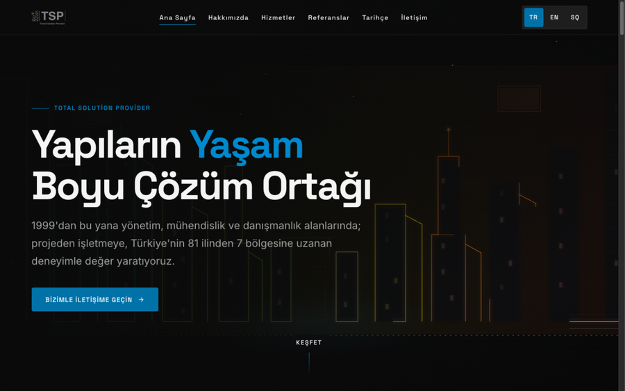 TSP website — dark hero with animated skyline